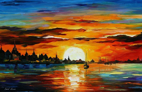 afremov28 SUNRISE IN THE HARBOR- Original Oil Painting